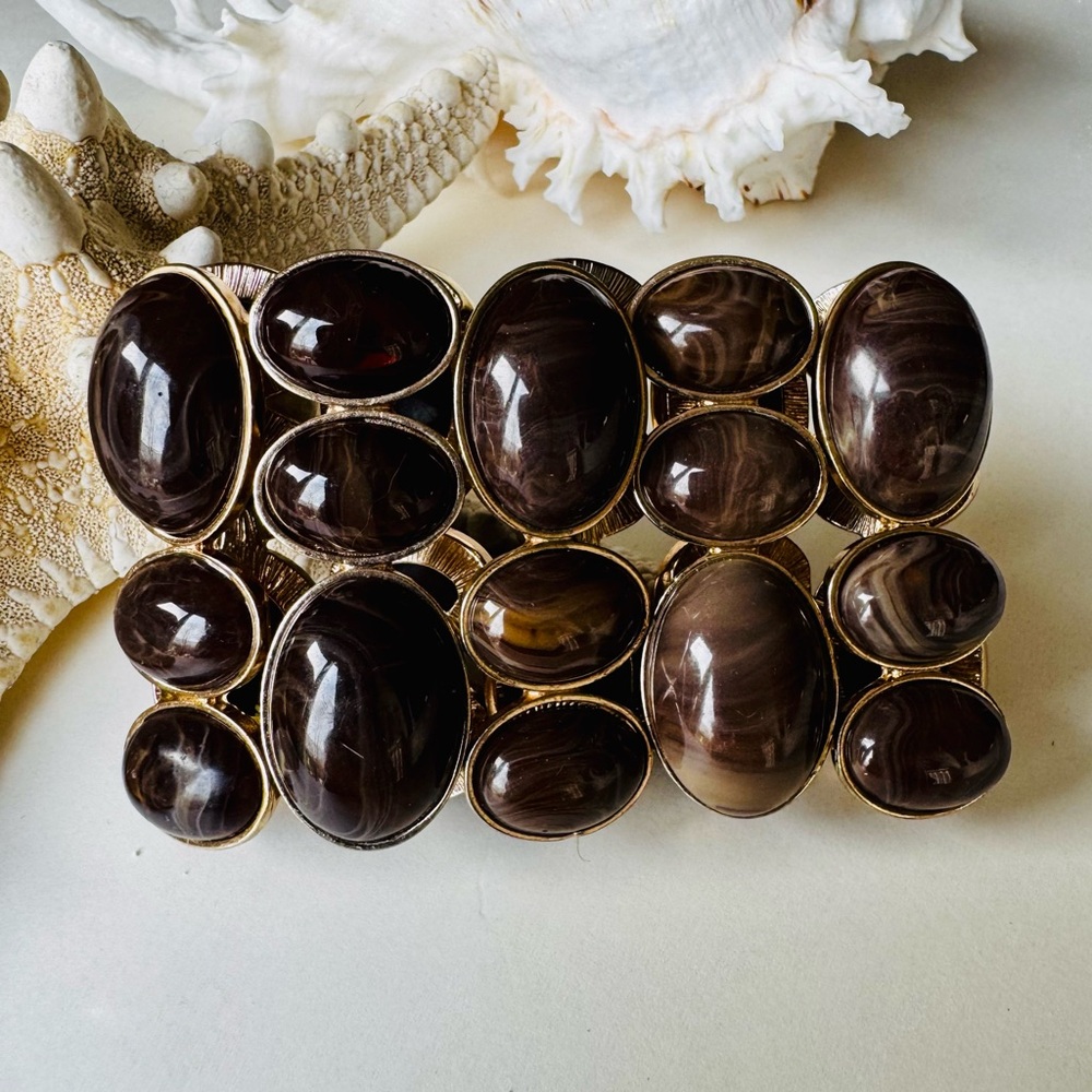 Gold Tone Brown Marbled Cabochon Stretch Bracelet Wide Statement Cuff 2.5”